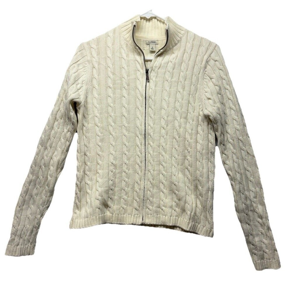 LL Bean Cable Knit Zip Up Sweater Women's  Small Fisherman Chunky Classic Cream